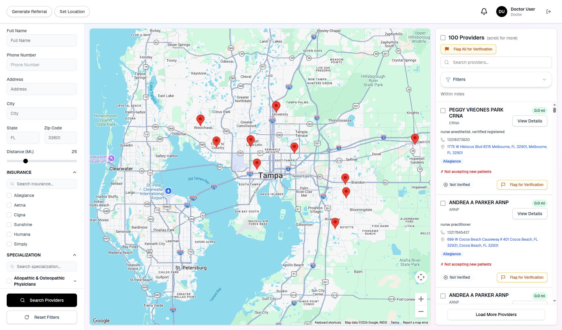 Filtered provider map with insurance and specialty criteria