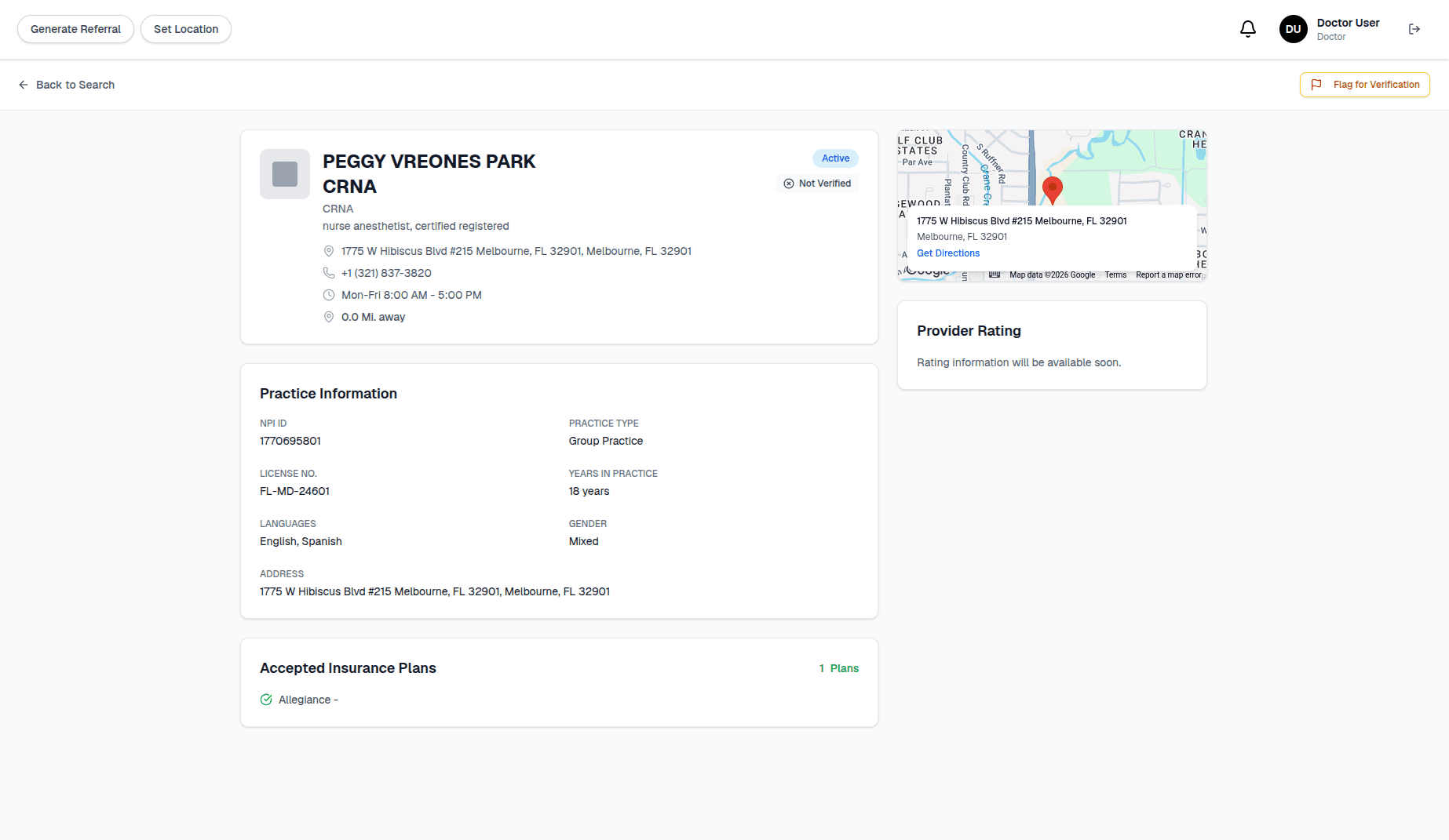 Provider details with map and accepted insurance